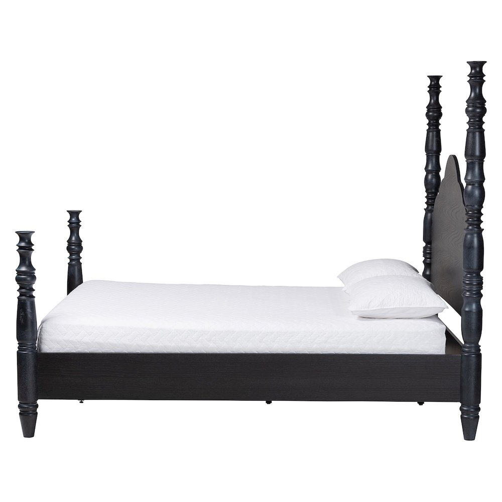 Four-Poster Platform Bed - Sculpted Post Bed Frame, Black, King. Picture 2