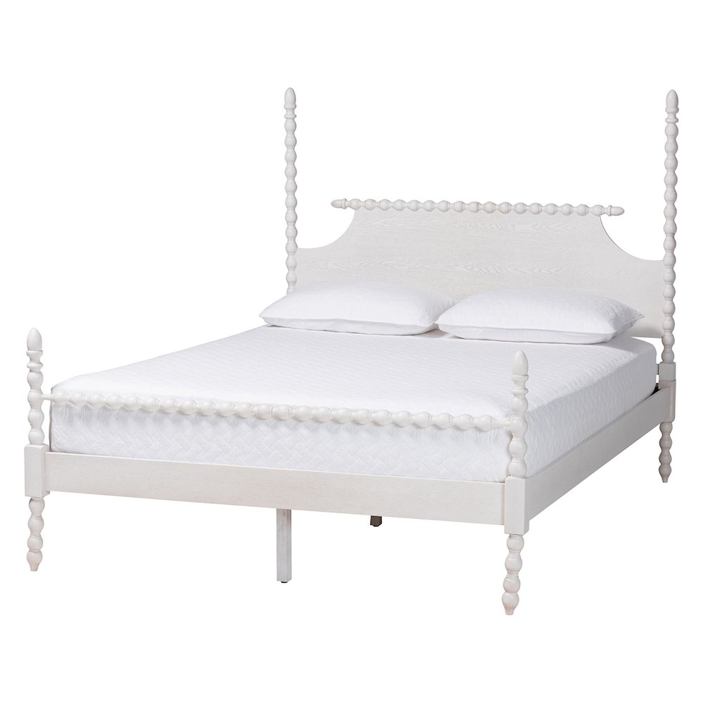 Four-Poster Platform Bed -Wooden Bed Frame with Turned Spindle Posts, White,King. Picture 1