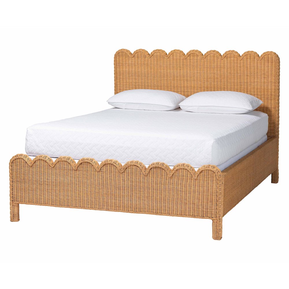 Scalloped Rattan Bed Frame - Handwoven Wicker Headboard and Footboard, King. Picture 1