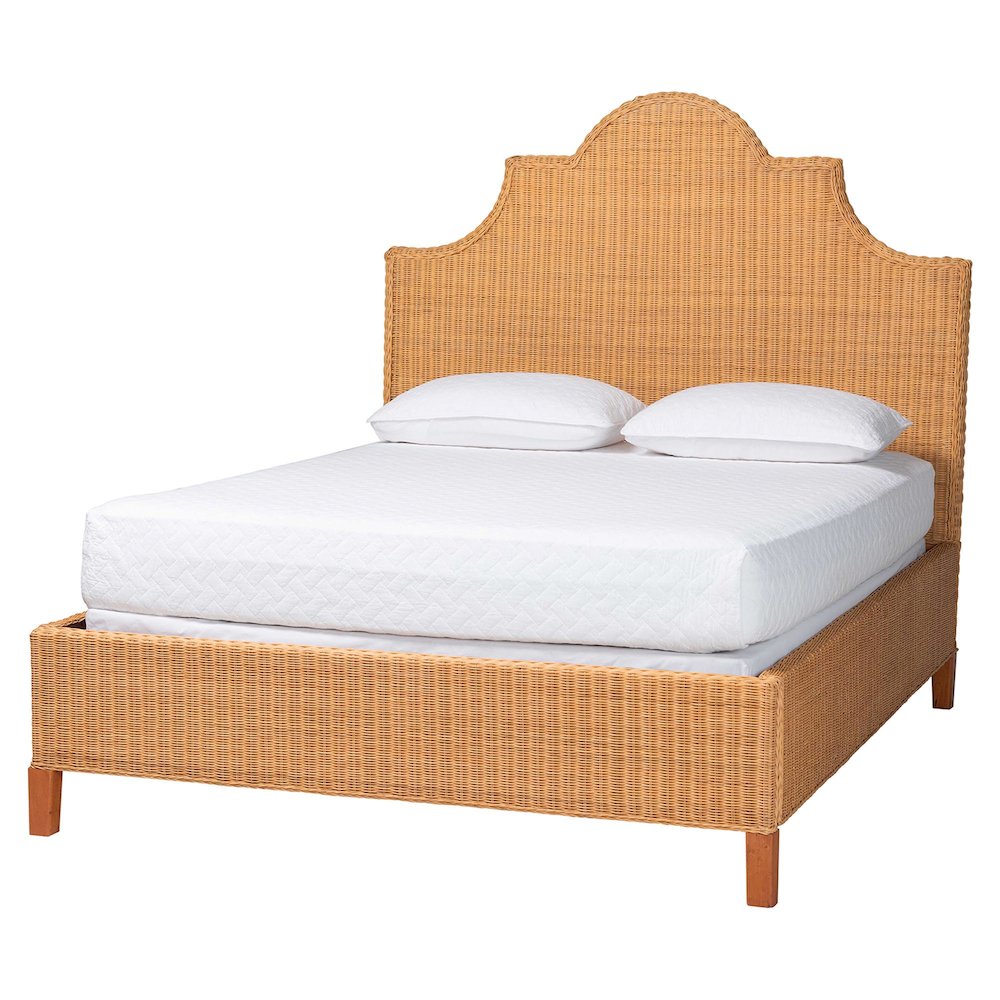 Natural Rattan Bed - Coastal Boho Bed Frame with Scalloped Headboard, King. Picture 1