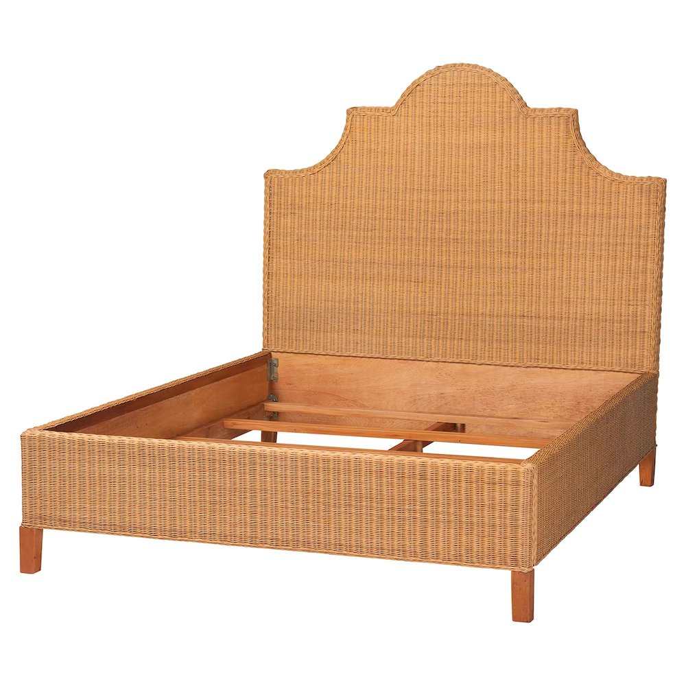 Natural Rattan Bed - Coastal Boho Bed Frame with Scalloped Headboard, King. Picture 3