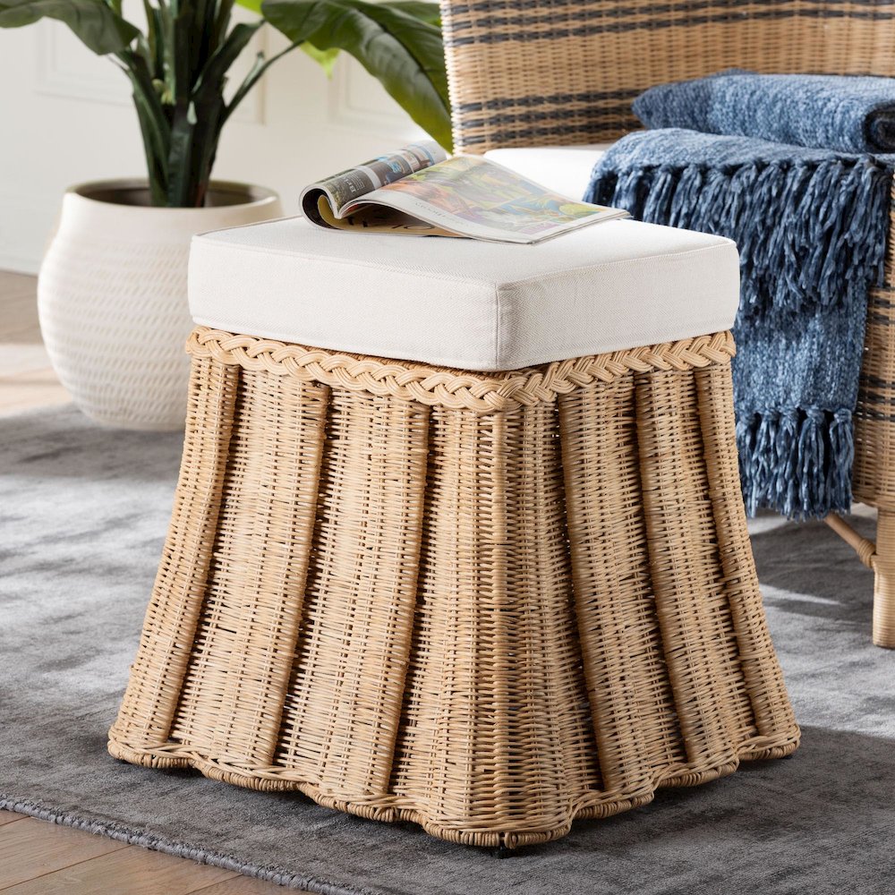 Natural Rattan Ottoman with Cushion - Handwoven Wicker Pleated Skirt. Picture 8