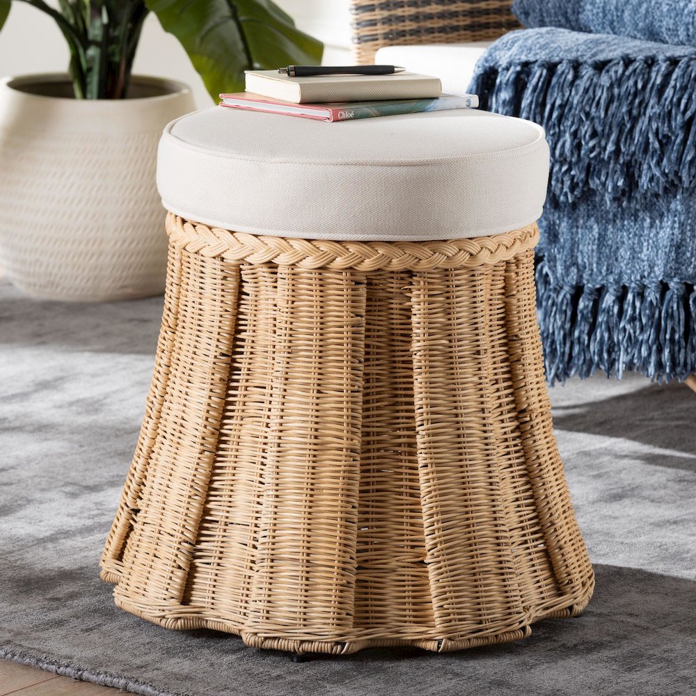 Round Natural Rattan Ottoman with Cushion - Handwoven Wicker Pleated Skirt. Picture 7