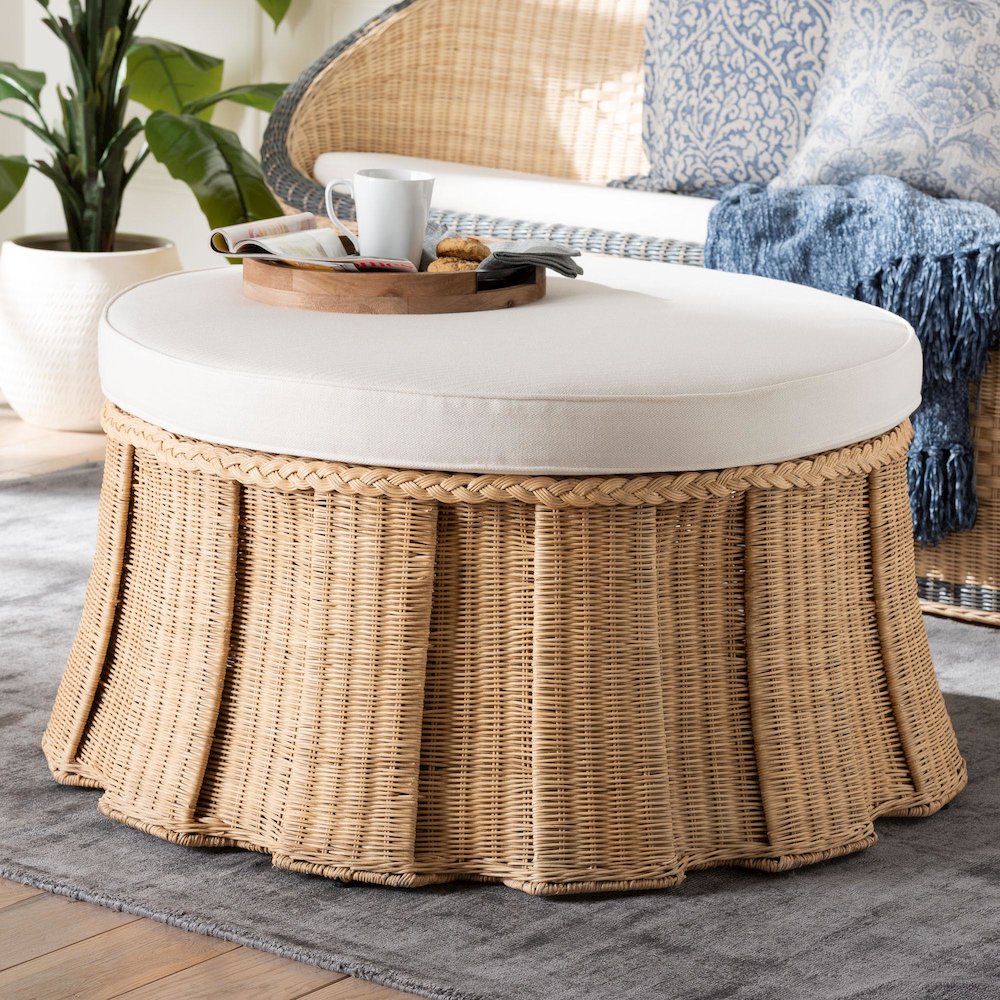 Round Natural Rattan Ottoman with Cushion - Handwoven Wicker Pleated Skirt. Picture 7