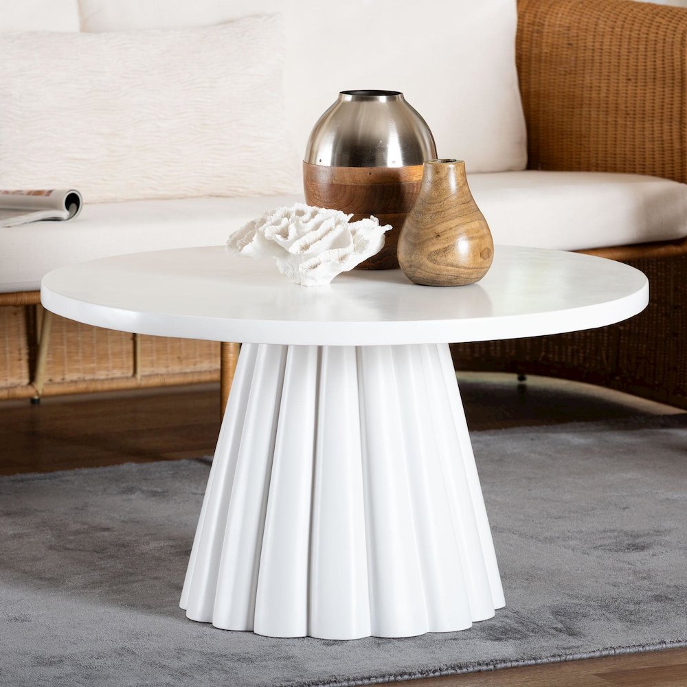Round Coffee Table with Fluted Pedestal Base - White Resin Accent Table. Picture 7