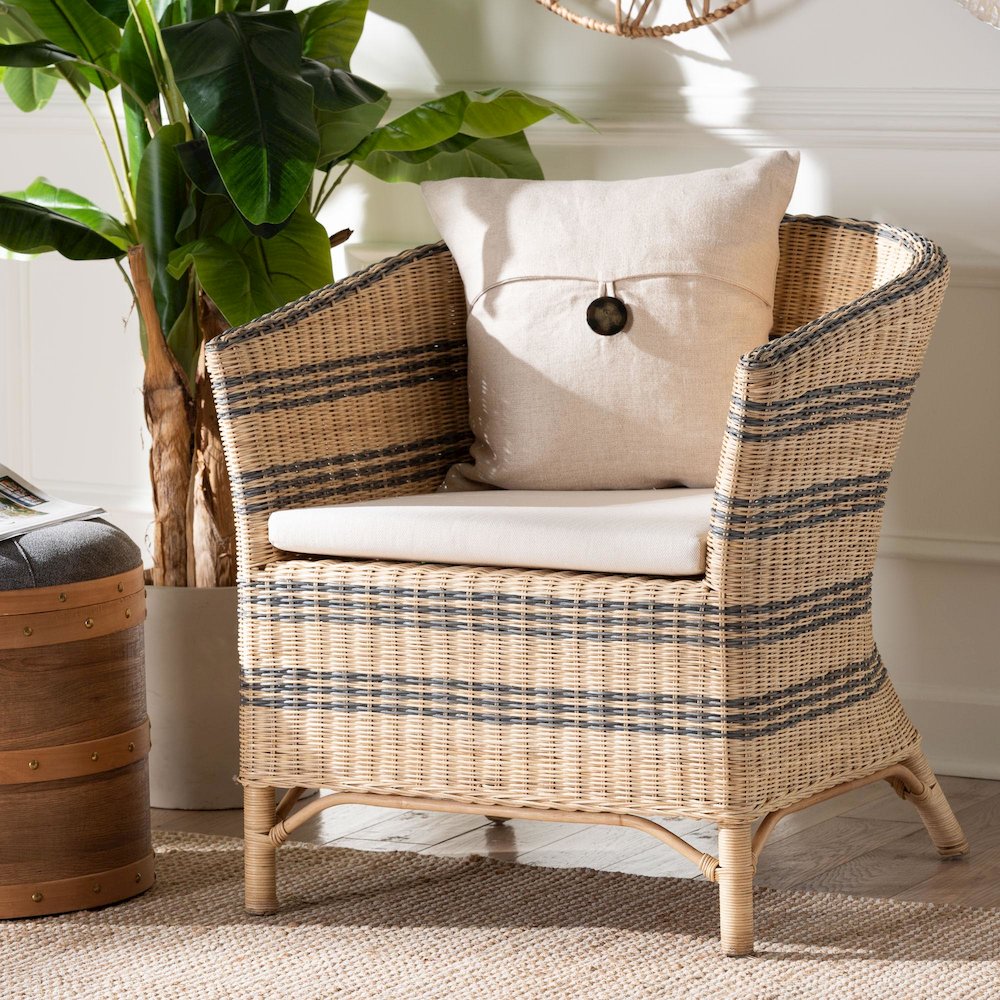 Accent Chair - Wicker Barrel-Back Chair with Two-Tone Woven Stripes. Picture 10