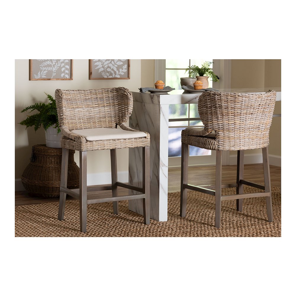 Niesha Kubu Rattan Counter Stool with Flared Arms and Cushion, Grey. Picture 9