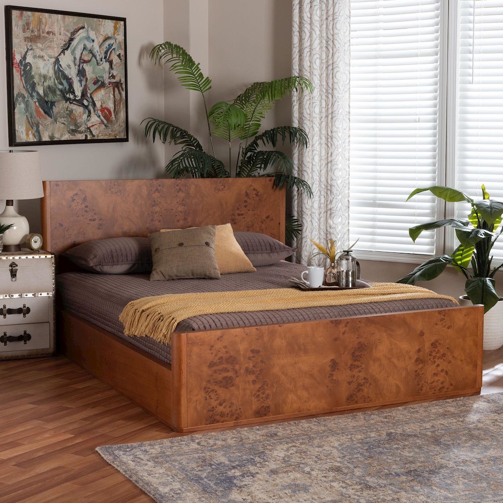 Fuentes Real Burl Wood Bed Frame - Modern Low-Profile Platform Bed, Queen. Picture 6