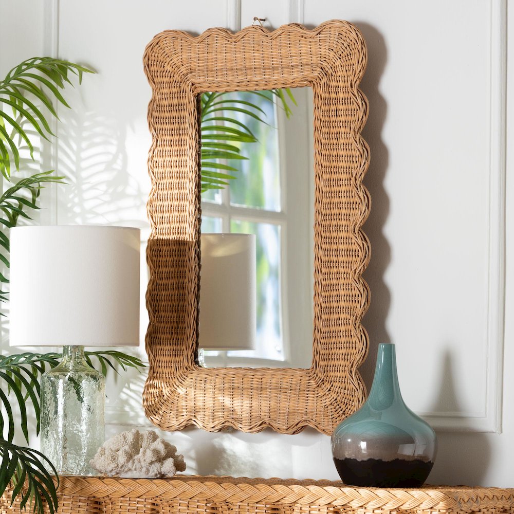 Makoto Scalloped Natural Rattan Wall Mirror, Handwoven Wicker Rectangle Frame. Picture 5