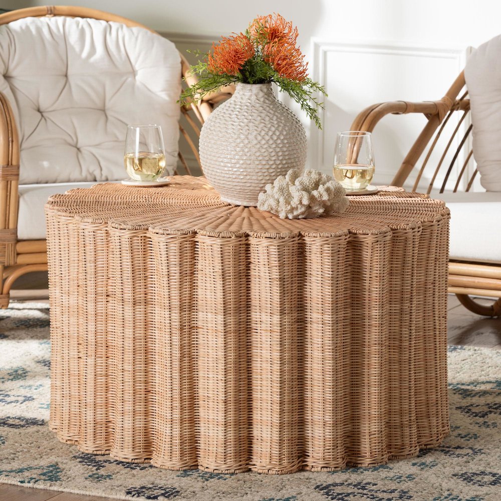 Kensley Natural Rattan Coffee Table - Handwoven Wicker Round Accent Table. Picture 5