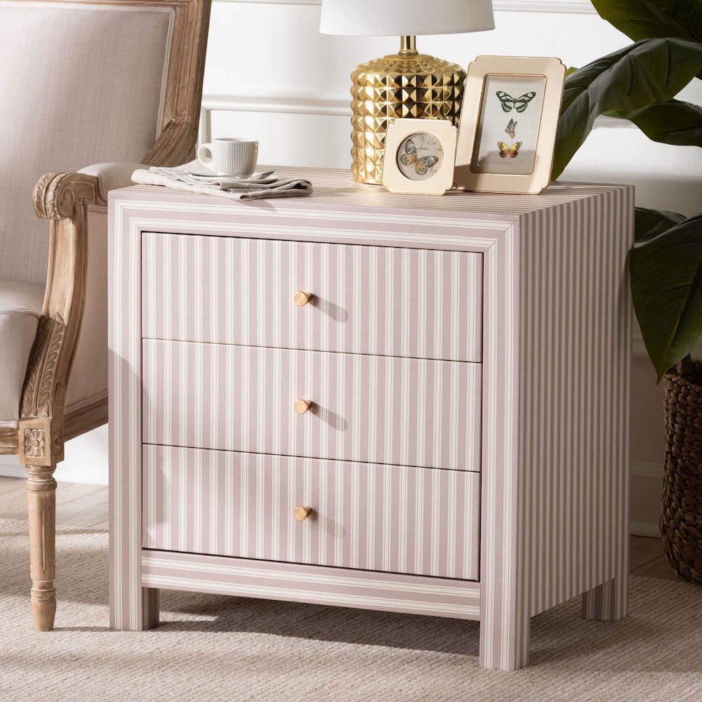 Javianne End Table with Striped Faux Leather - 3-Drawer Storage Cabinet. Picture 9