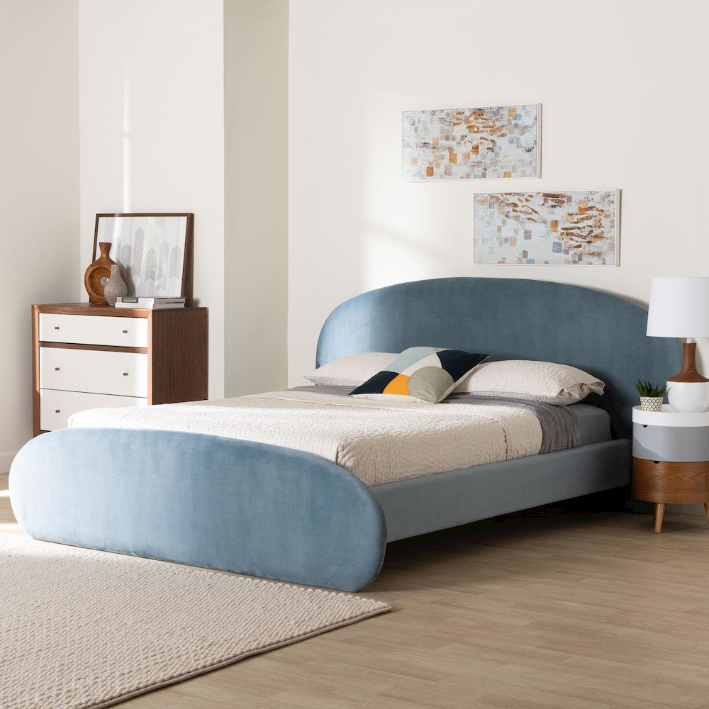 Velvet Upholstered Platform Bed - Mid-Century Bed Frame with Headboard, Queen. Picture 7