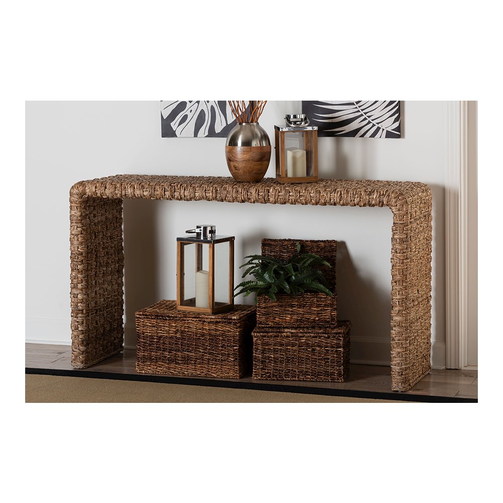 Alda Handwoven Seagrass Console Table with Rustic Waterfall Design. Picture 7