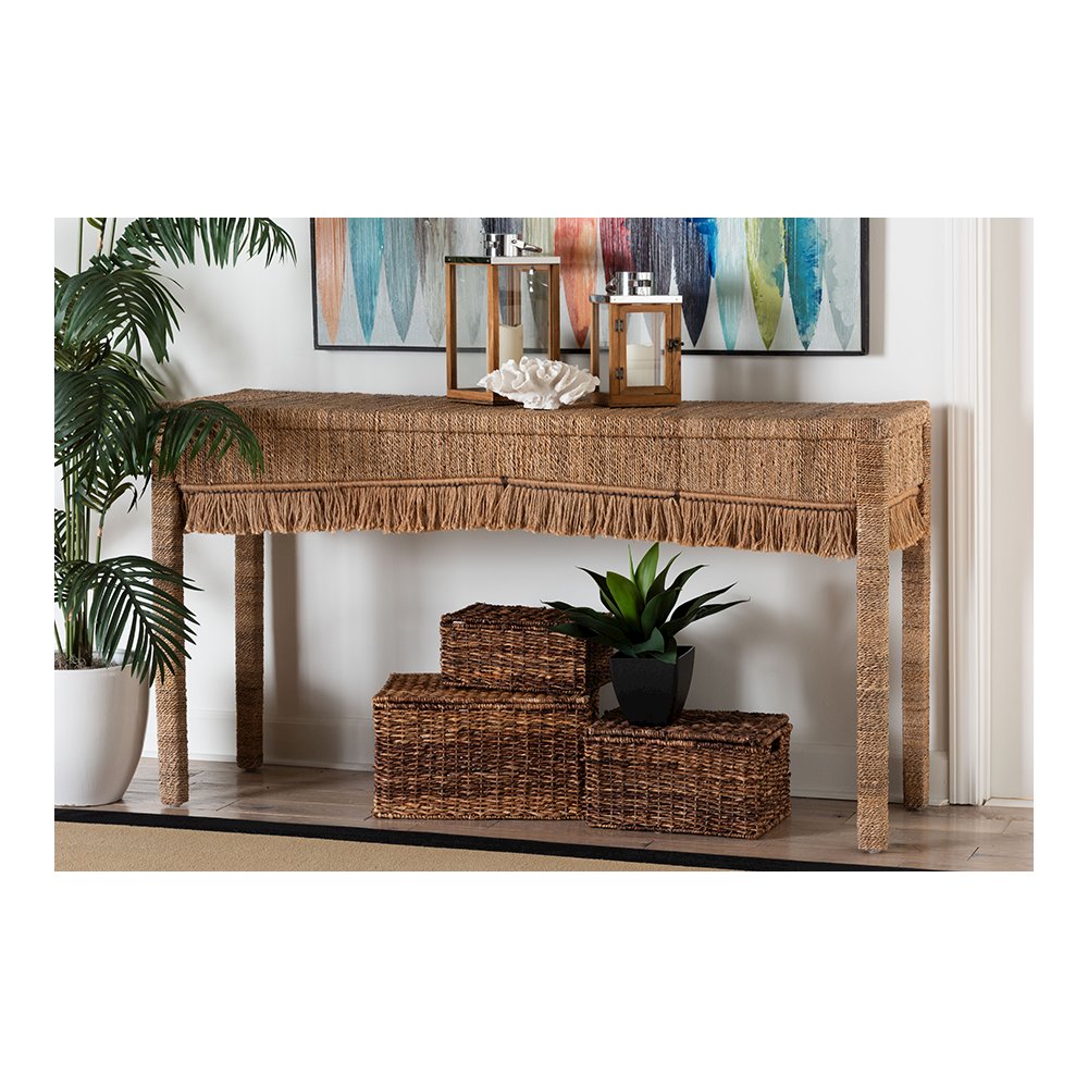 Fiona Handwoven Seagrass Console Table with Boho Fringe Detailing. Picture 8