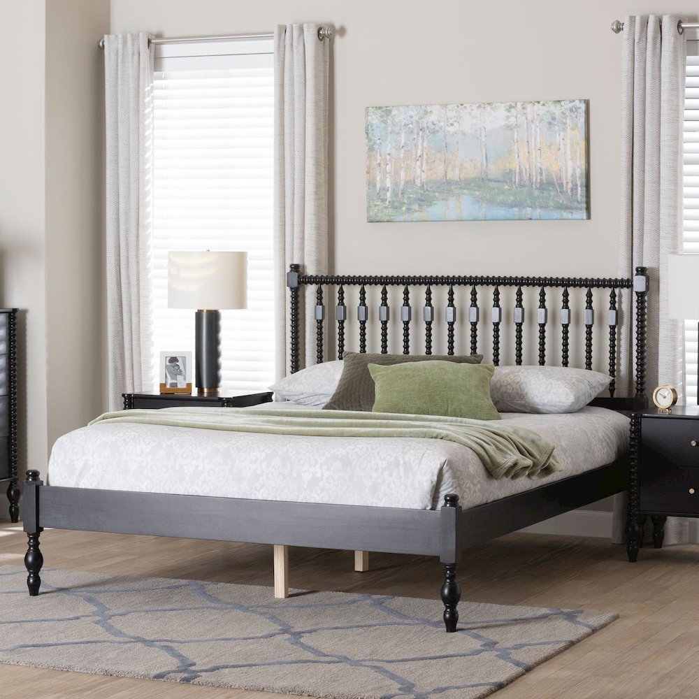 Platform Bed - Turned Bed Frame with Headboard and Sculpted Legs, Black, Full. Picture 8