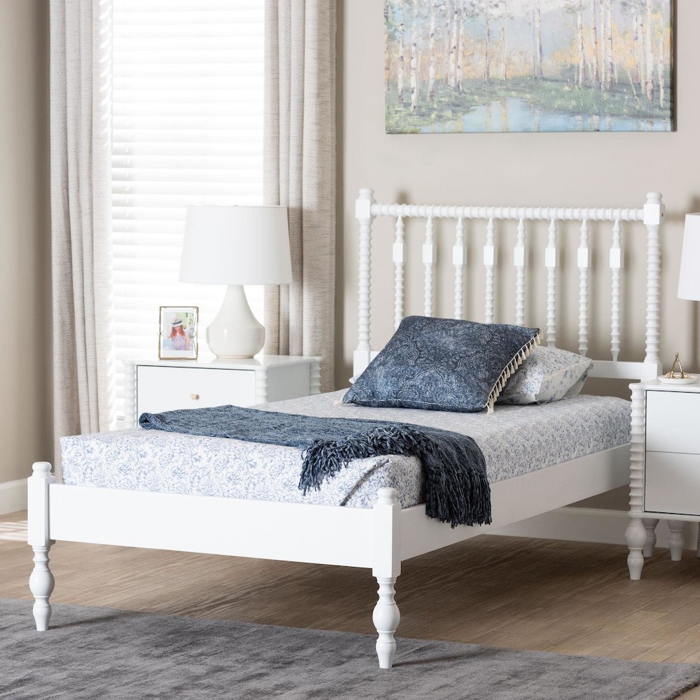 Platform Bed - Turned Bed Frame with Headboard and Sculpted Legs, White, Twin. Picture 8
