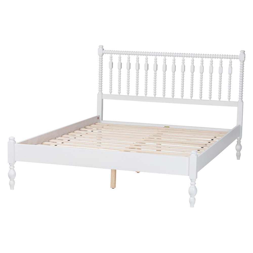 Platform Bed - Turned Bed Frame with Headboard and Sculpted Legs, White, Queen. Picture 4