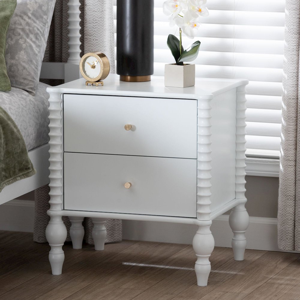 Nightstand - 2-Drawer Bedside Table with Turned Accents for Bedroom, White. Picture 10