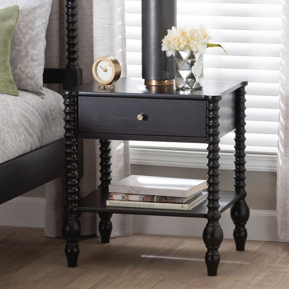 Nightstand - 1-Drawer Bedside Table with Open Shelf Storage, Black. Picture 10