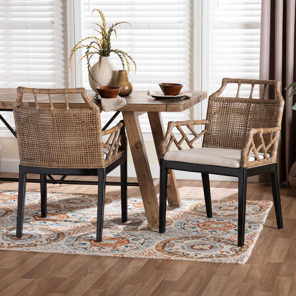 Abiel Natural Rattan 2Pc Dining Armchair Set with Cushion. Picture 7
