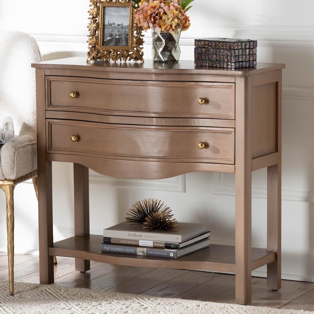 2-Drawer Entryway Table with Open Shelf and Sculpted Apron for Living Room. Picture 9