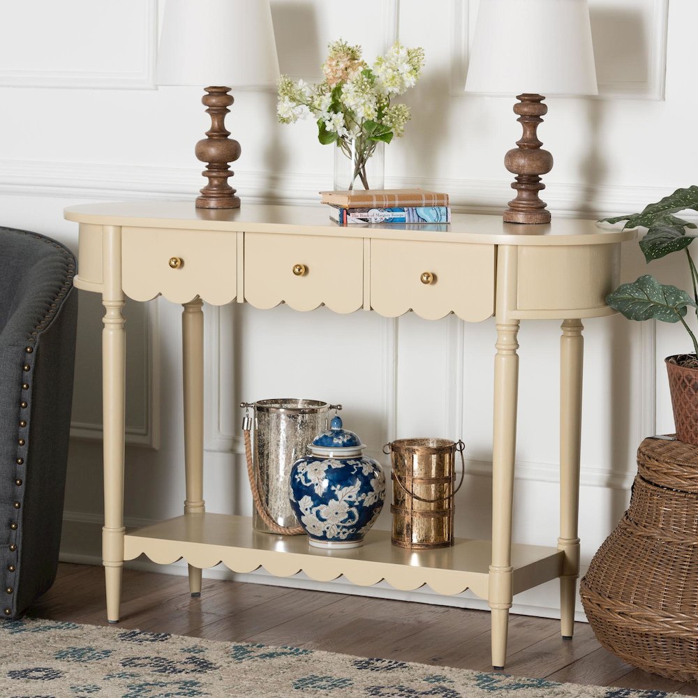 3-Drawer Accent Console Table with Scalloped Detailing and Open Shelf Storage. Picture 10