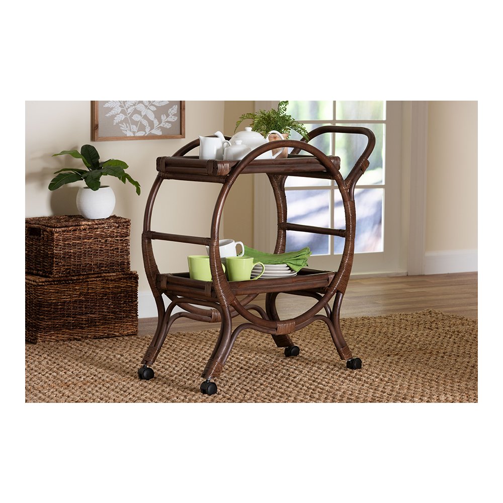 Selah Natural Rattan Kitchen Cart, Handwoven 2-Tier Mobile Serving Cart. Picture 8
