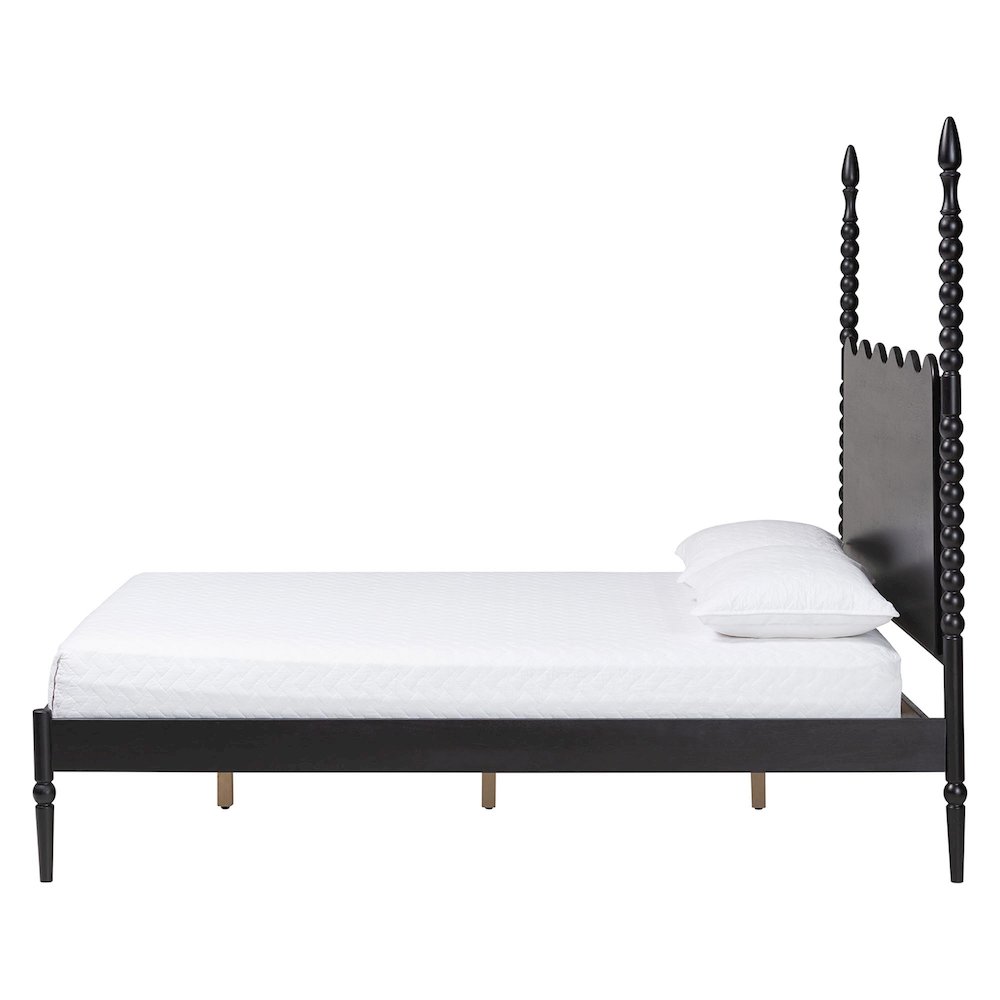 Platform Bed Frame with Scalloped Headboard and Turned Posts, Black, King. Picture 3