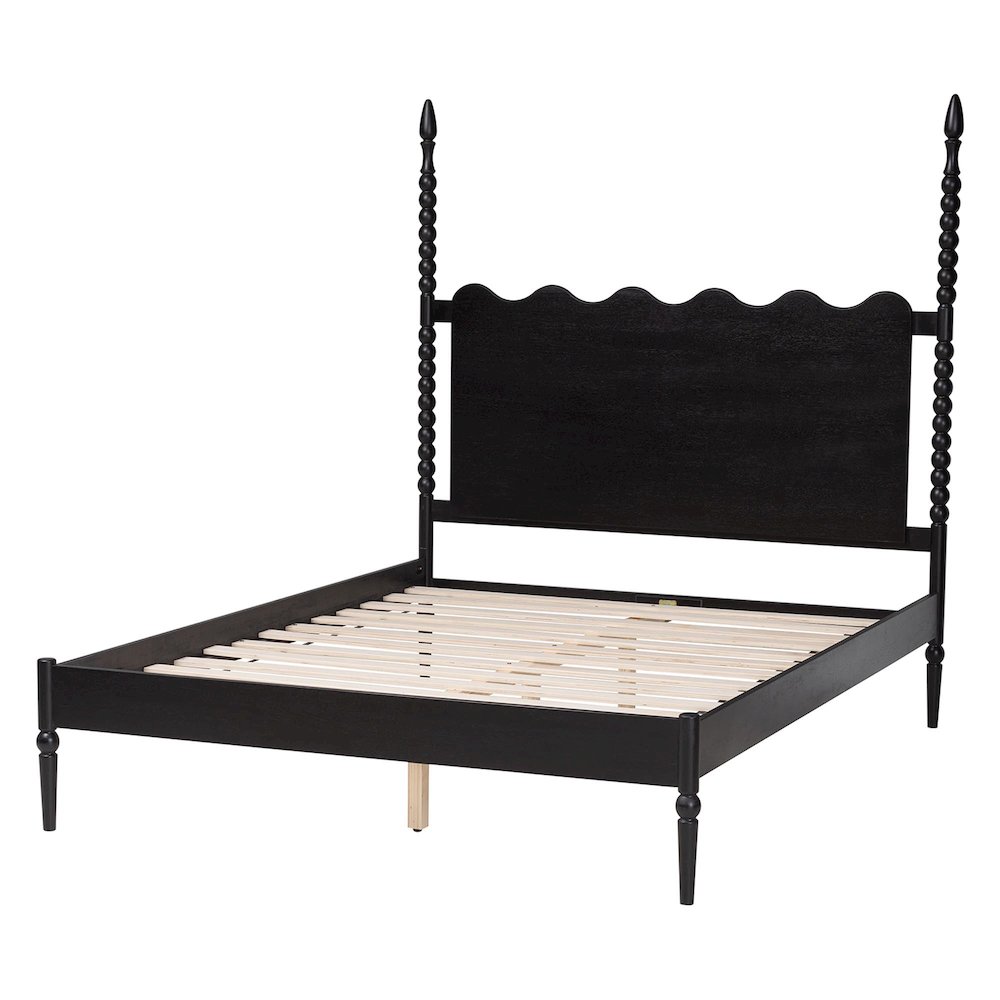 Platform Bed Frame with Scalloped Headboard and Turned Posts, Black, King. Picture 4