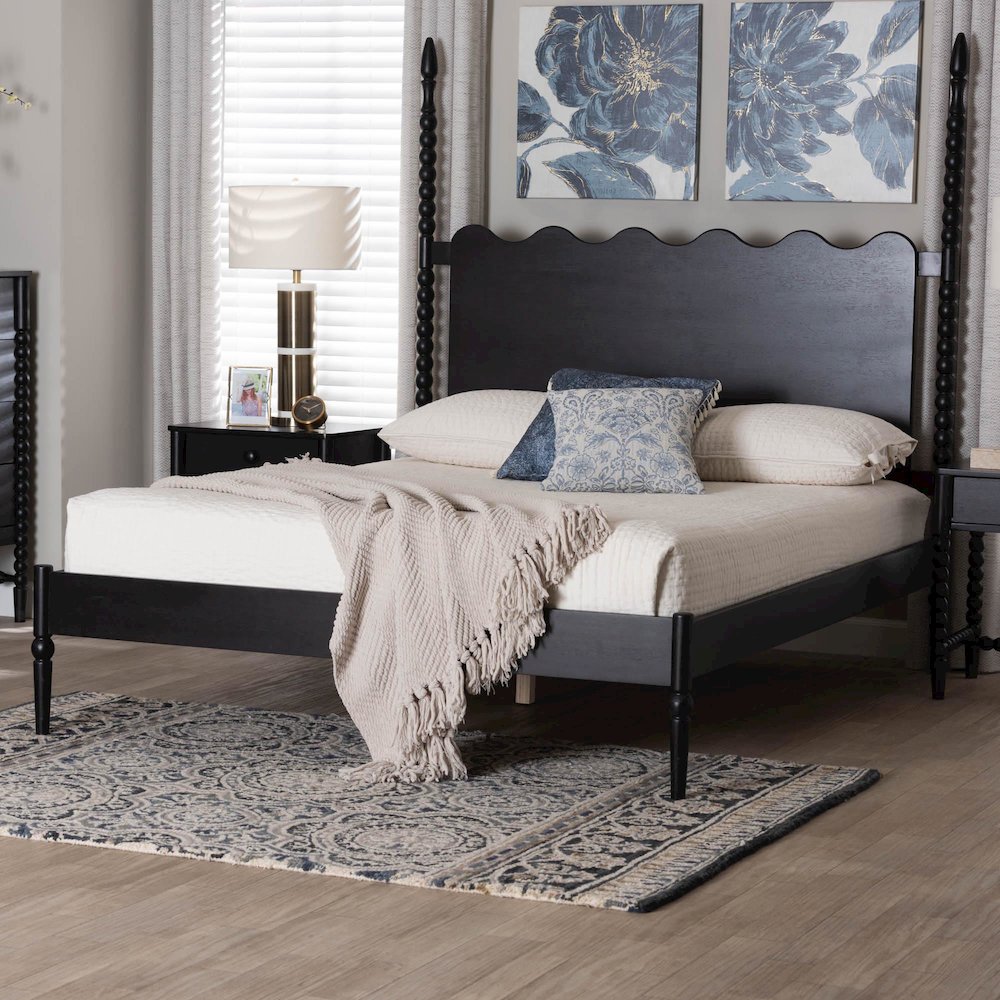 Platform Bed Frame with Scalloped Headboard and Turned Posts, Black, Queen. Picture 7