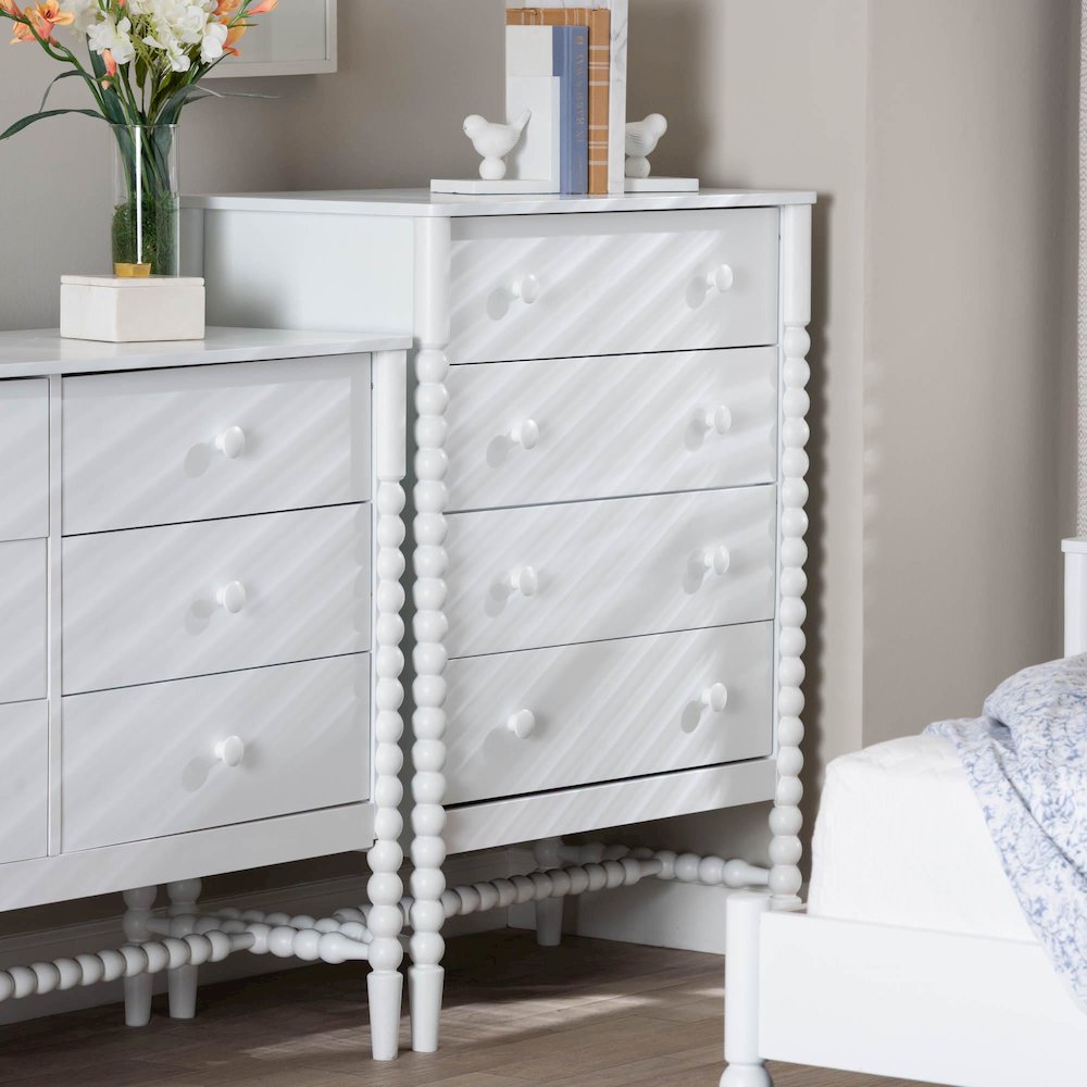 4-Drawer Storage Cabinet with Beaded Frame and Elevated Base for Bedroom, White. Picture 10