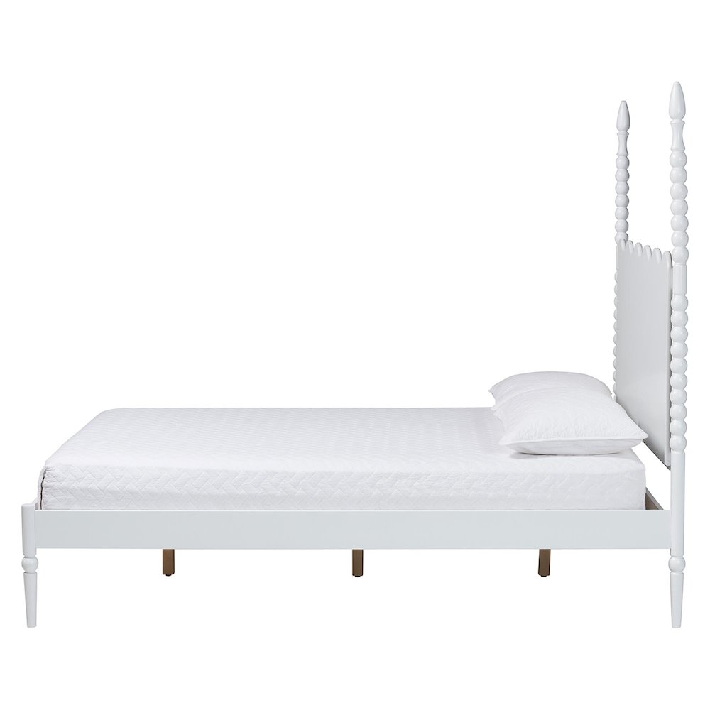 Platform Bed Frame with Scalloped Headboard and Turned Posts, White, King. Picture 3