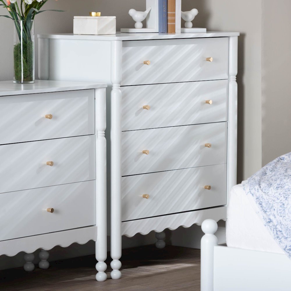 4-Drawer Storage Cabinet with Scalloped Apron and Turned Legs for Bedroom, White. Picture 10