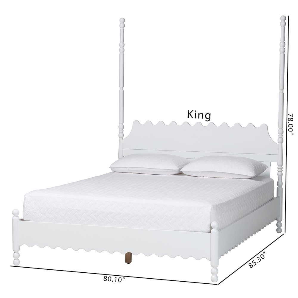 Platform Bed Frame with Scalloped Design and Turned Posts, White, King. Picture 10