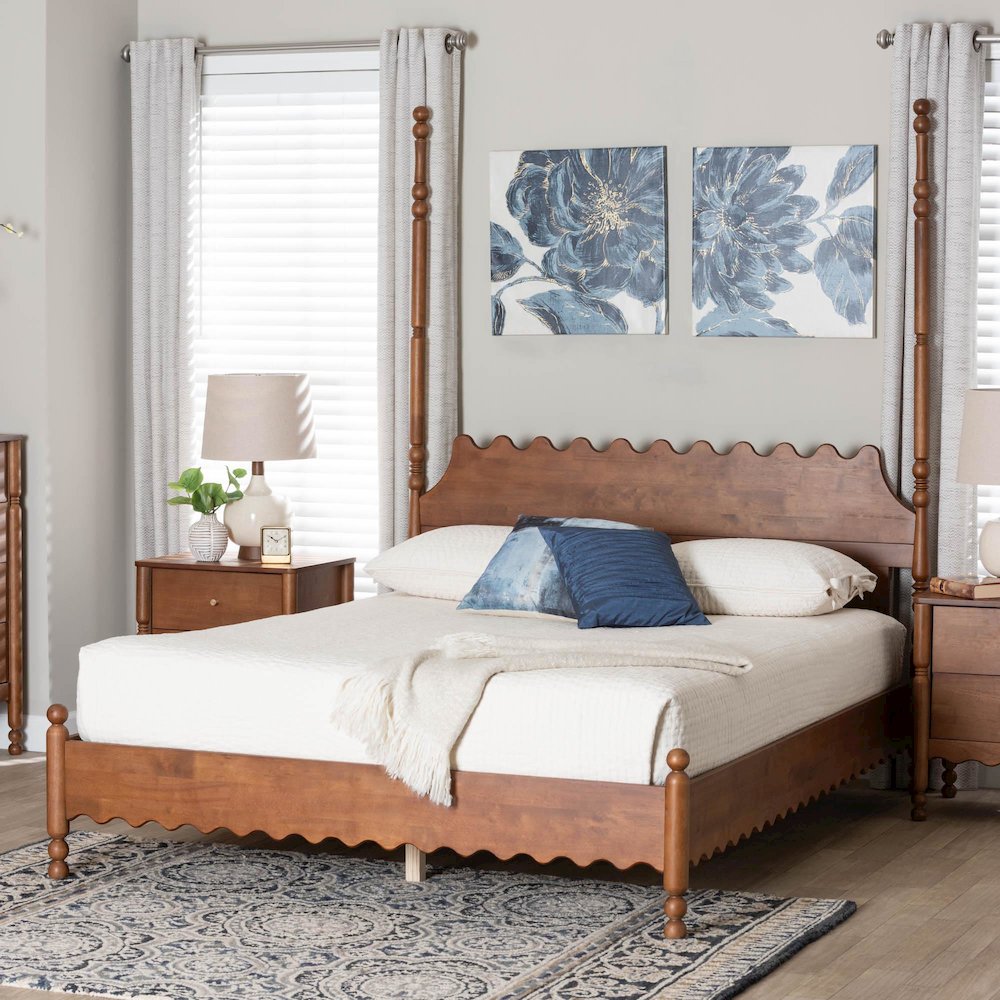 Platform Bed Frame with Scalloped Design and Turned Posts, Walnut Brown, Queen. Picture 8