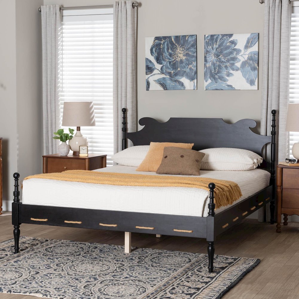 Gaetano Platform Bed Frame with Turned Posts and Panel Headboard, Black, Queen. Picture 8