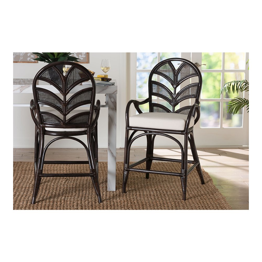 Niven Rattan Counter Stool with Banana Leaf Backrest and Cushion. Picture 9
