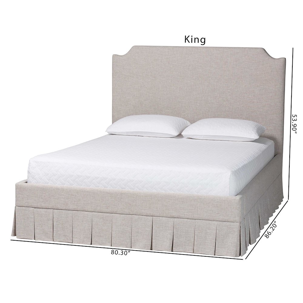 Platform Bed with Pleated Skirt, Upholstered Bed Frame, Panel Headboard, King. Picture 8
