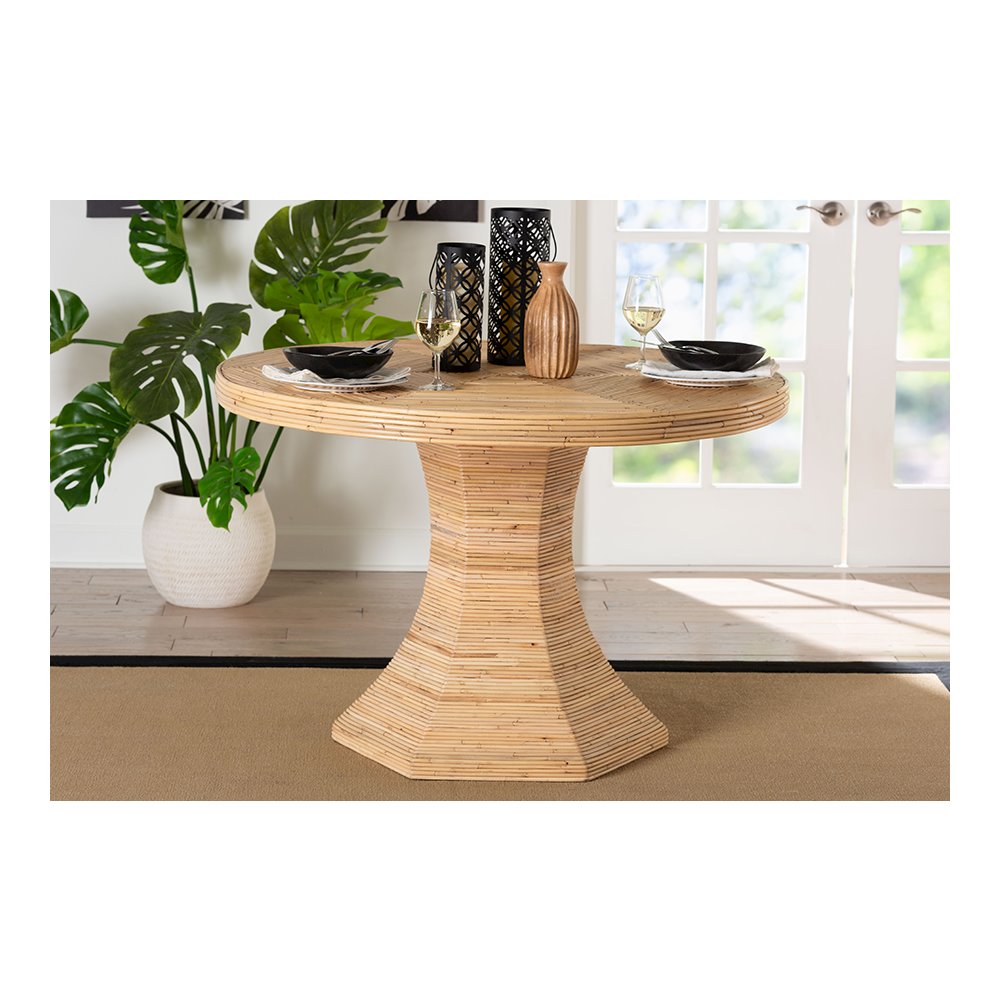 Benito Rattan Dining Table with Hourglass Pedestal Base, Handcrafted. Picture 8