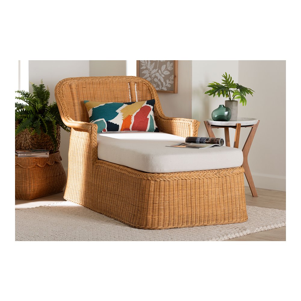 Cesar Rattan Chaise Lounge Chair with Rounded Backrest and Cushion. Picture 9