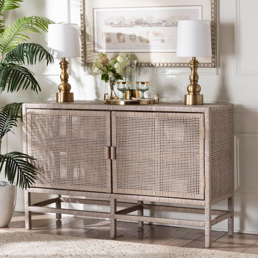 2-Tier Wicker Accent Cabinet with Double Doors and Elevated Base, French Grey. Picture 9