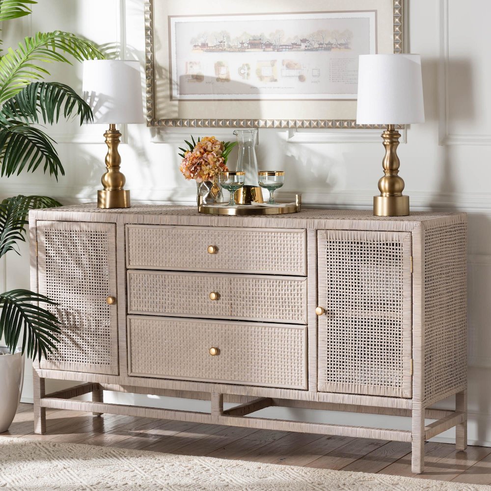 Natural Rattan Storage Cabinet, Interior Shelving and Elevated Base, French Grey. Picture 9