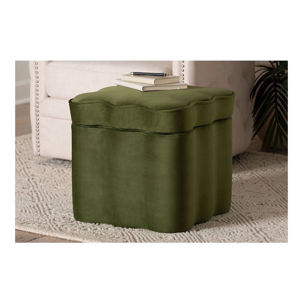 Baxton Studio Paulina Velvet Storage Ottoman, Scalloped, Moss Green. Picture 6