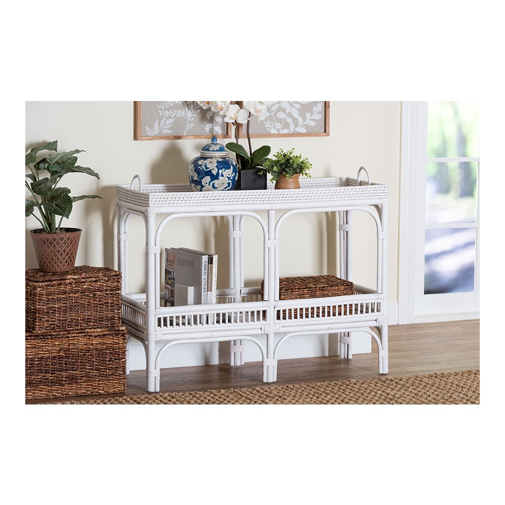 Lombok Rattan Console Table with Raised 2-Tier Tray Top, White. Picture 8