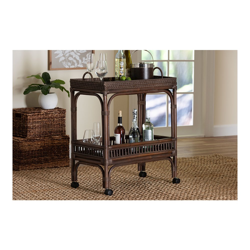 Lombok Rattan 2-Tier Mobile Bar Cart with Raised Tray Top, Espresso. Picture 8