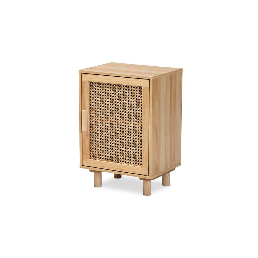 Rattan and Natural Brown Finished Wood 1-Door End Table. Picture 1