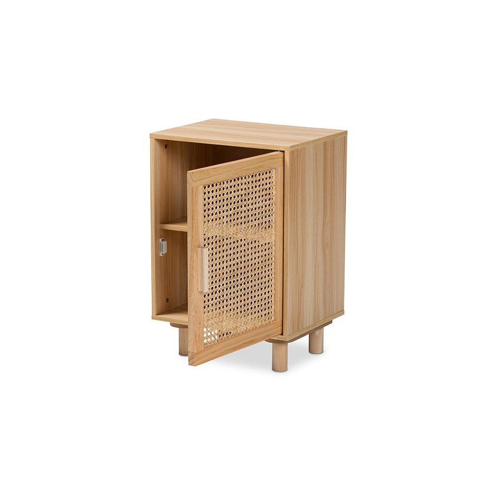 Rattan and Natural Brown Finished Wood 1-Door End Table. Picture 2