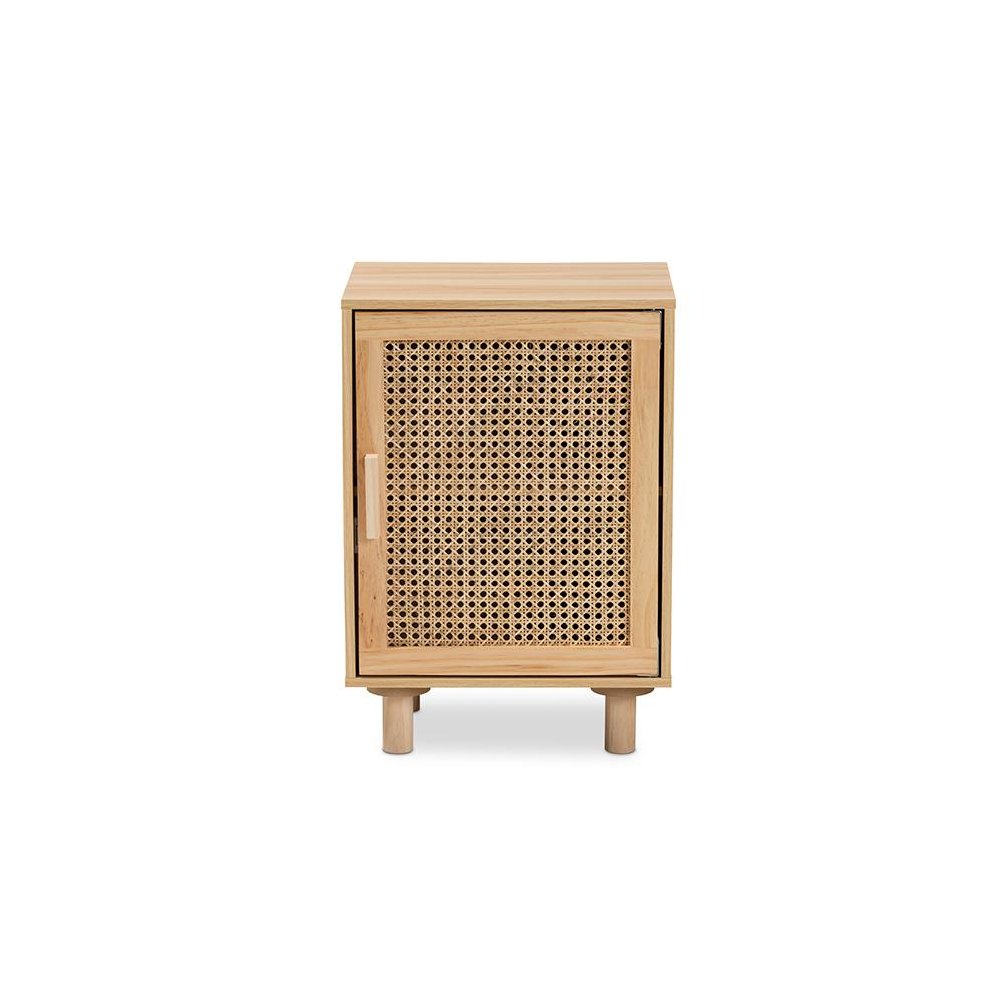 Rattan and Natural Brown Finished Wood 1-Door End Table. Picture 3