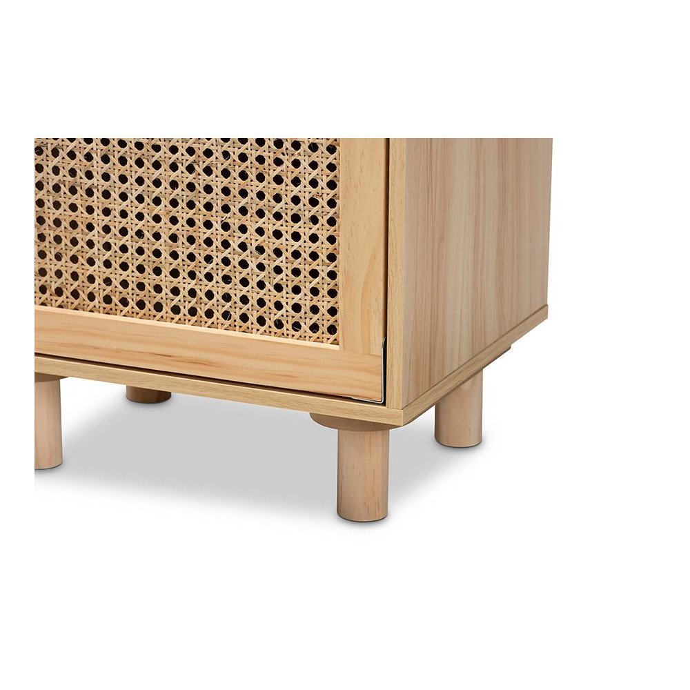 Rattan and Natural Brown Finished Wood 1-Door End Table. Picture 6