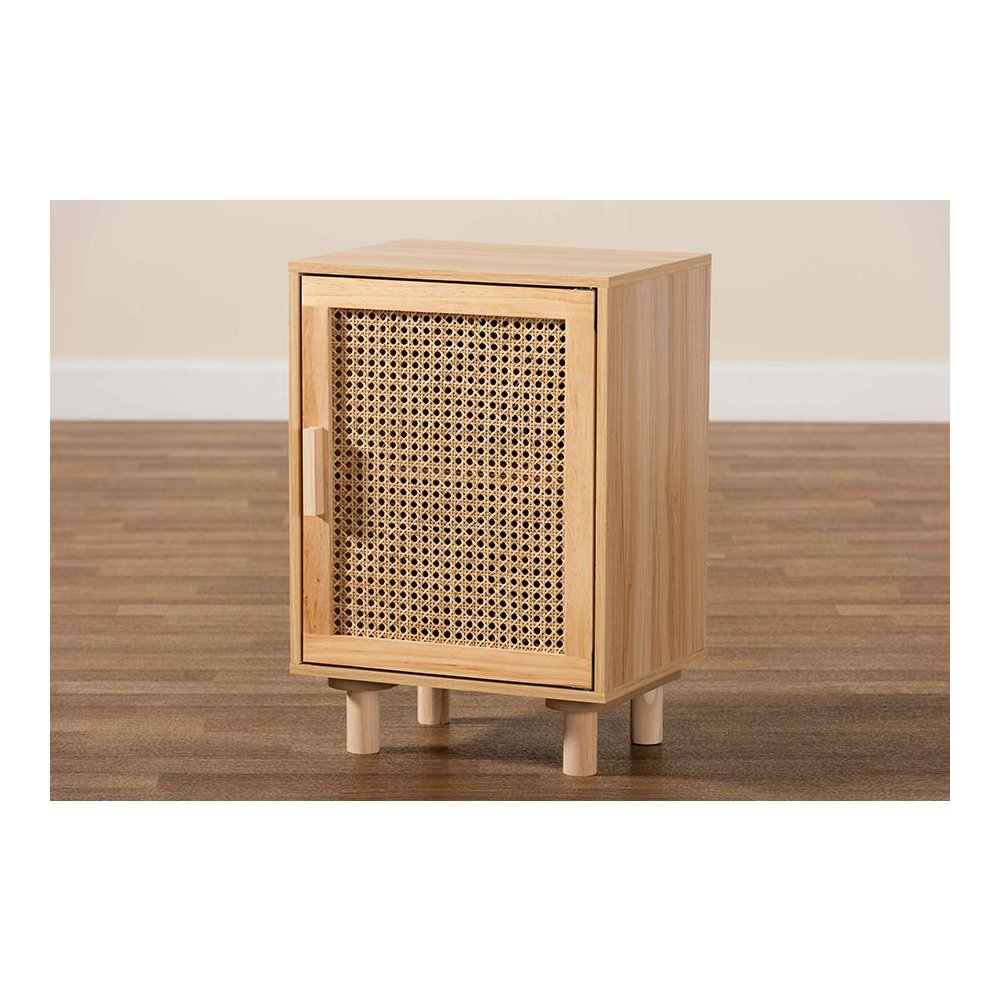 Rattan and Natural Brown Finished Wood 1-Door End Table. Picture 9